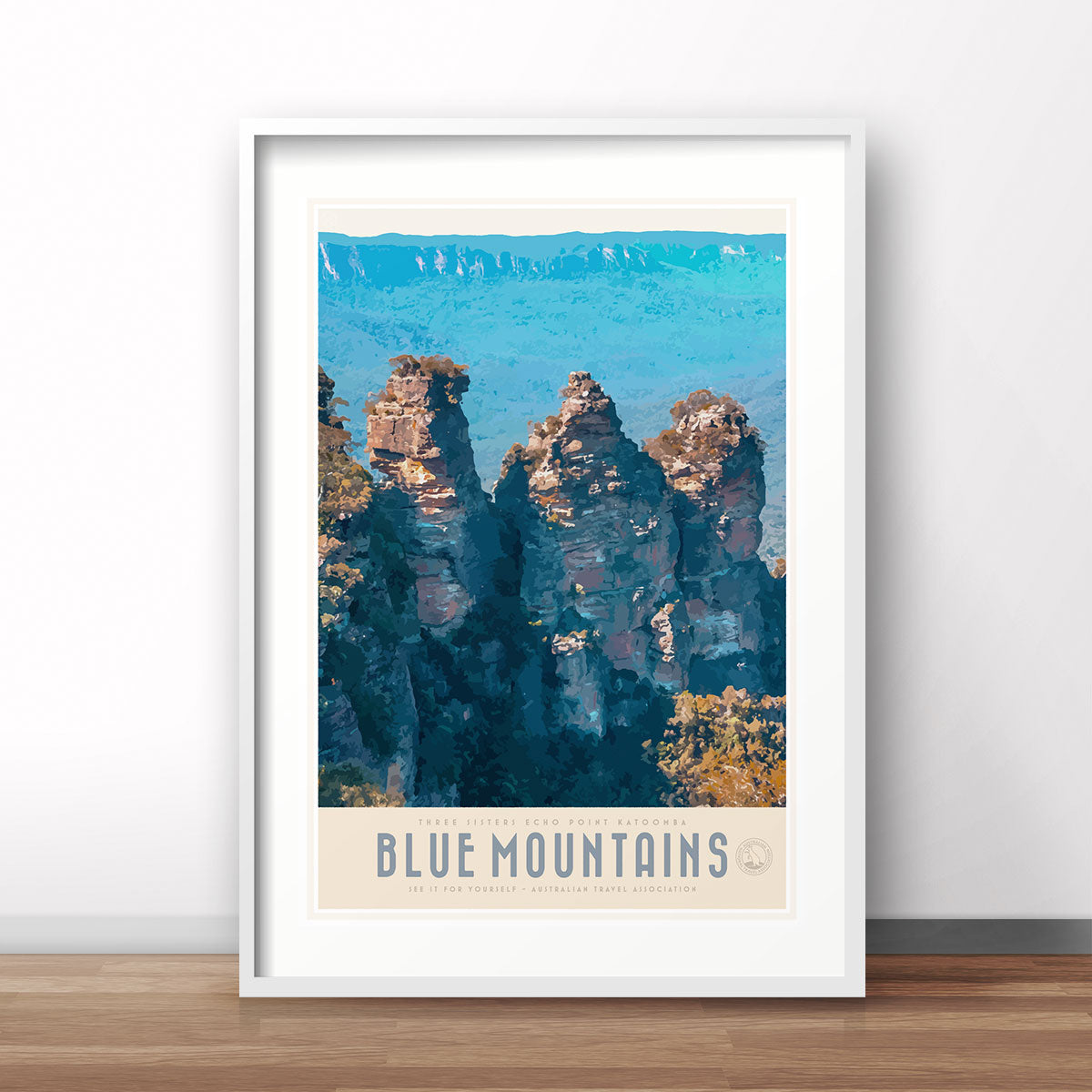 Blue Mountains Echo Point vintage retro framed poster print by Places We Luv