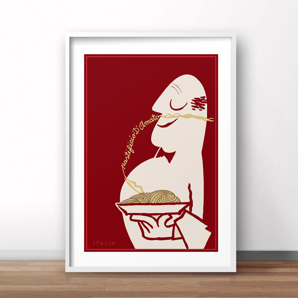 Pastificio d’Amato pasta poster with red background. A retro food advertisement available as an unframed art print or framed wall poster from Places We Luv