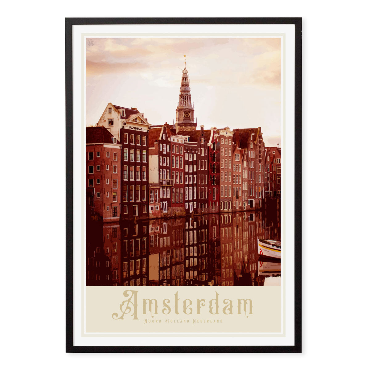 Amsterdam Canal Houses vintage retro poster print in black frame from Places We Luv