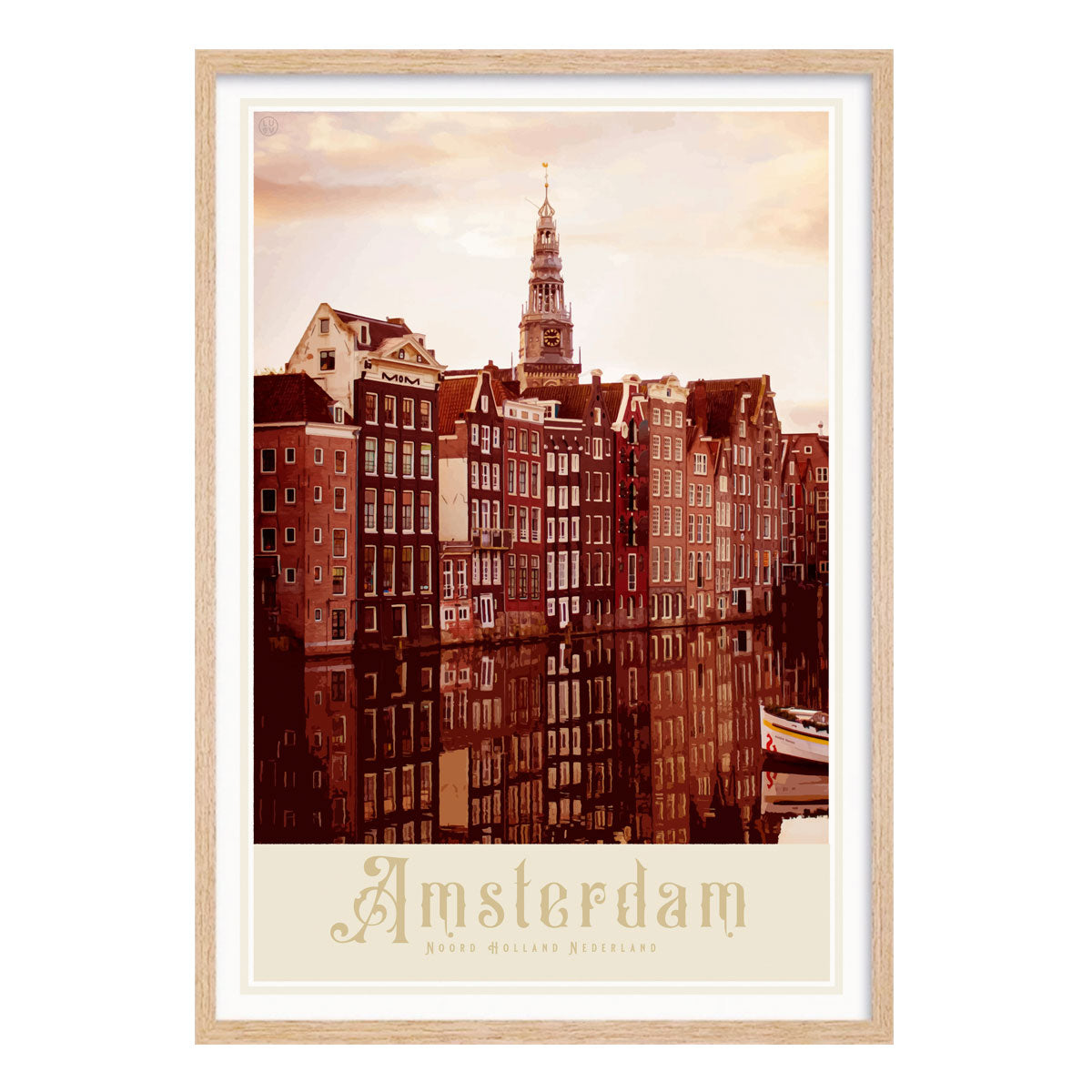 Amsterdam Canal Houses vintage retro poster print in oak frame from Places We Luv