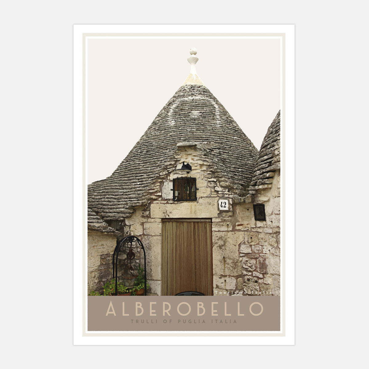 Travel poster of Alberobello Italy. Original wall art from Places We Luv  