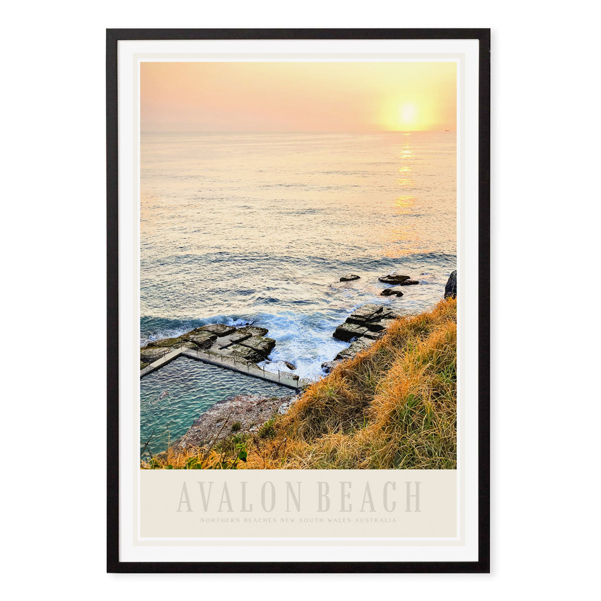 Avalon Beach vintage retro travel poster print in black frame by Places We Luv