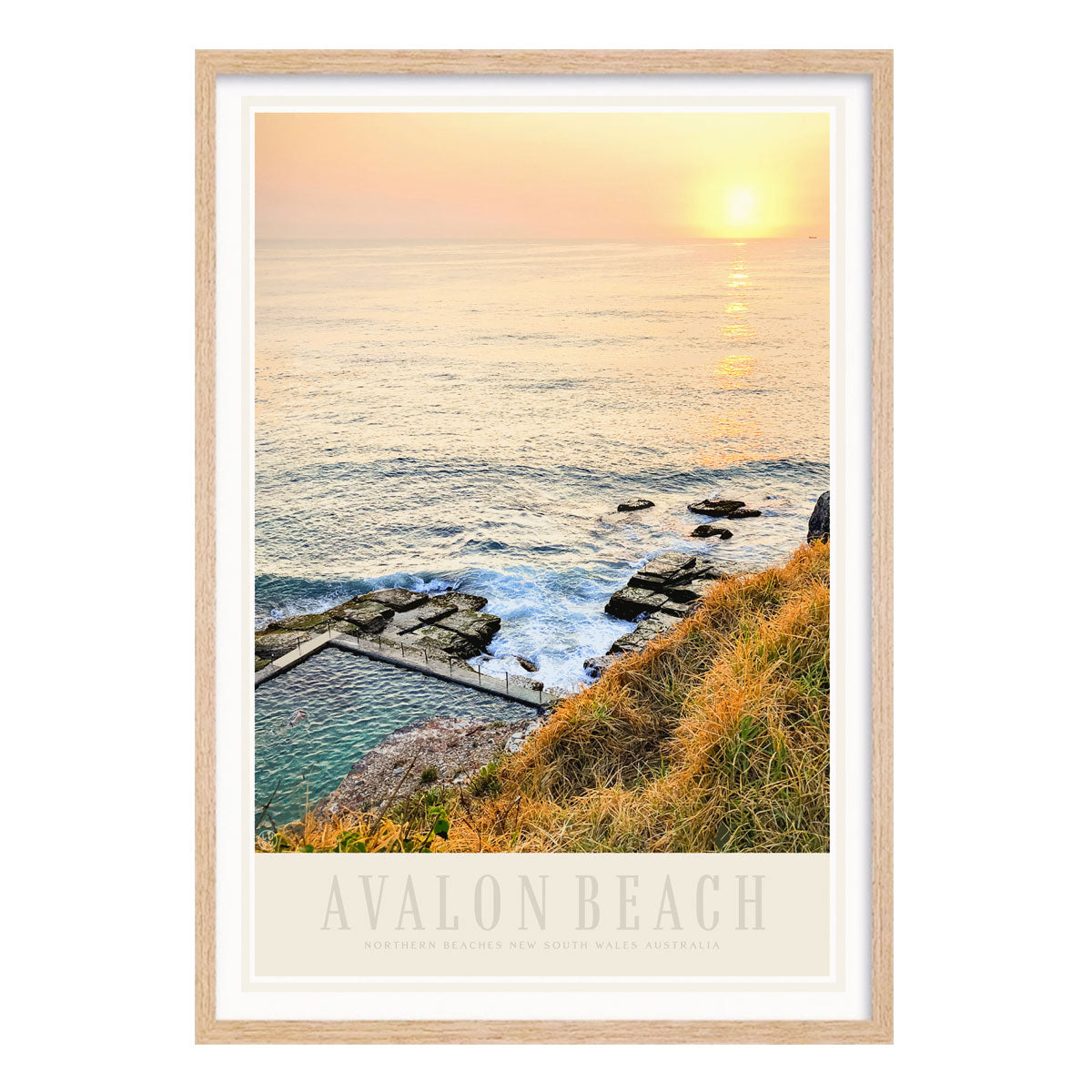 Avalon Beach vintage retro travel poster print in oak frame by Places We Luv