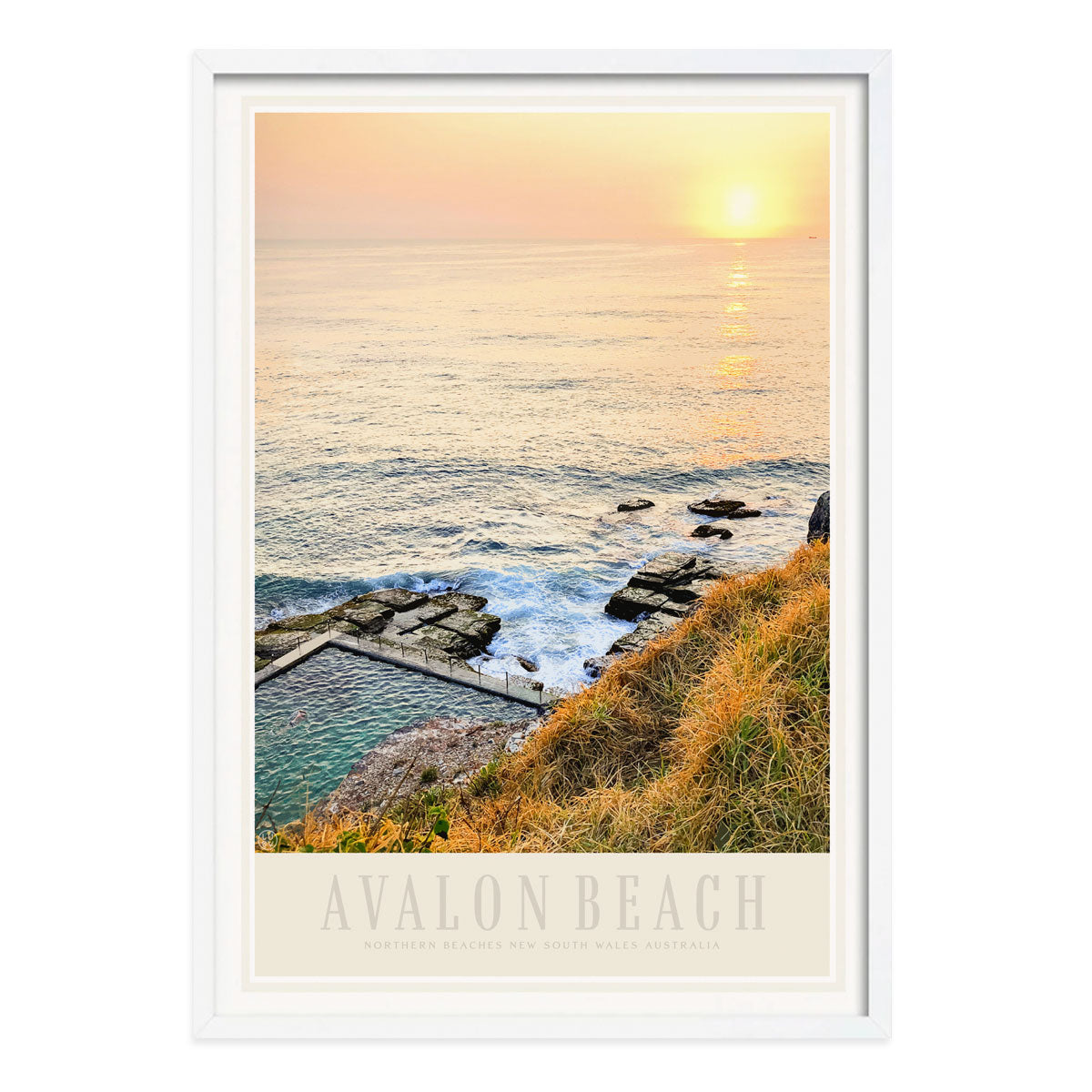 Avalon Beach vintage retro travel poster print in white by Places We Luv