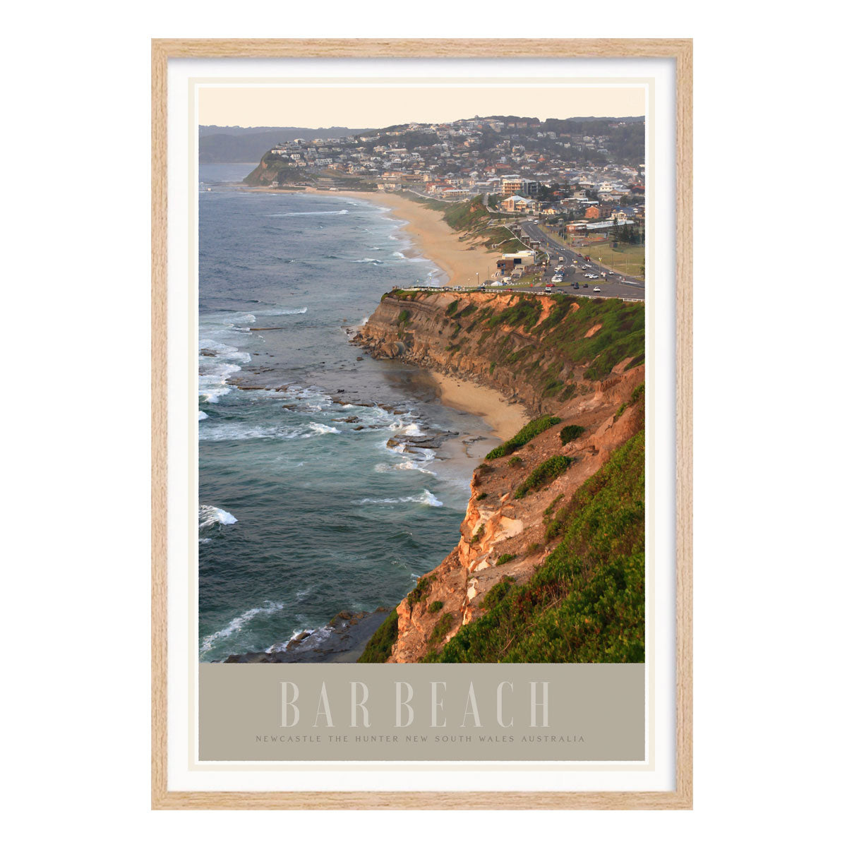 Newcastles Bar Beach vintage retro poster print in oak frame by placesweluv