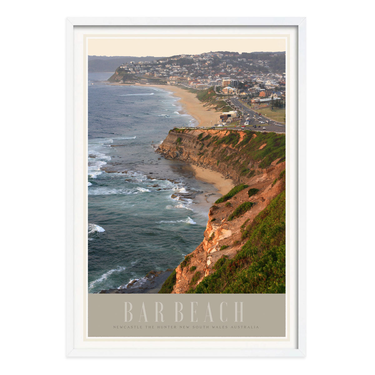 Newcastles Bar Beach vintage retro poster in white frame by placesweluv