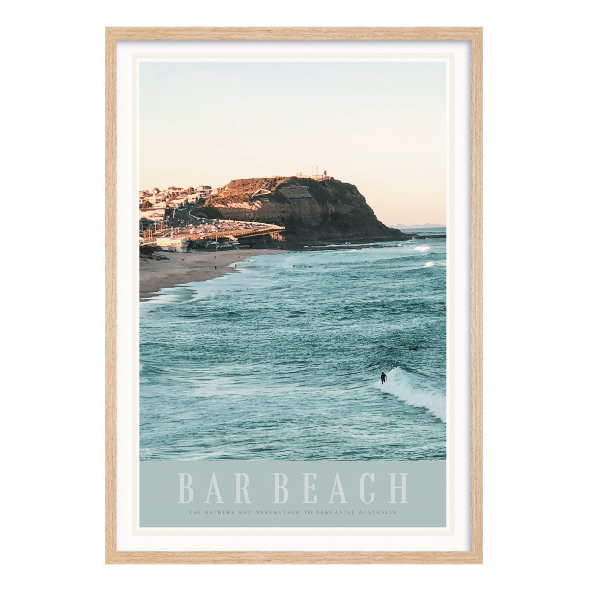 Bar Beach Newcastle vintage retro poster print in oak frame from Places We Luv