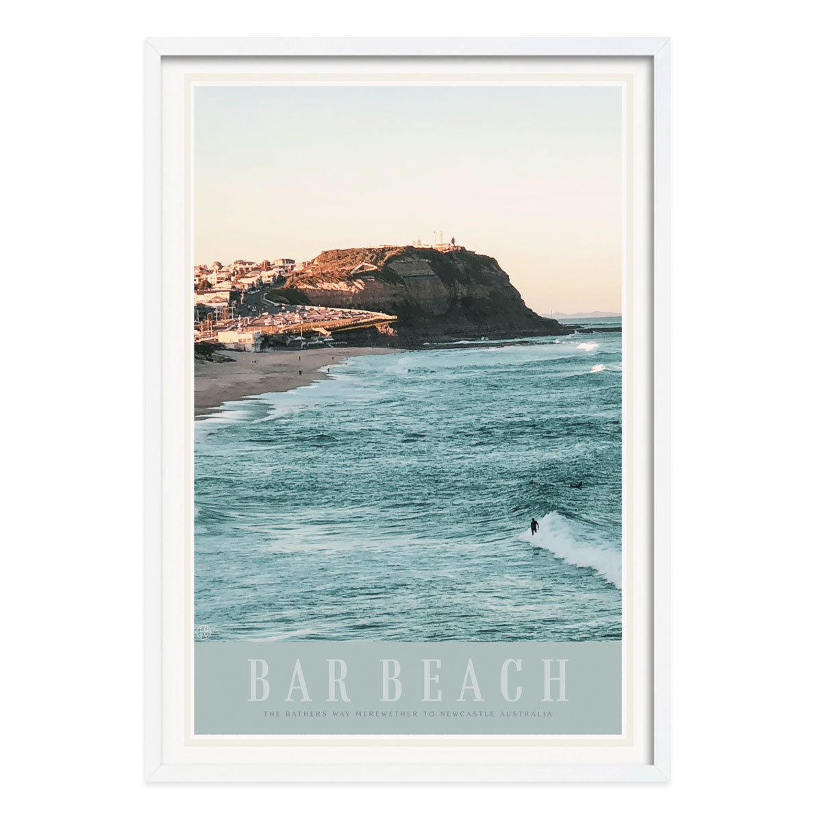 Bar Beach Newcastle vintage retro poster print in white frame from Places We Luv