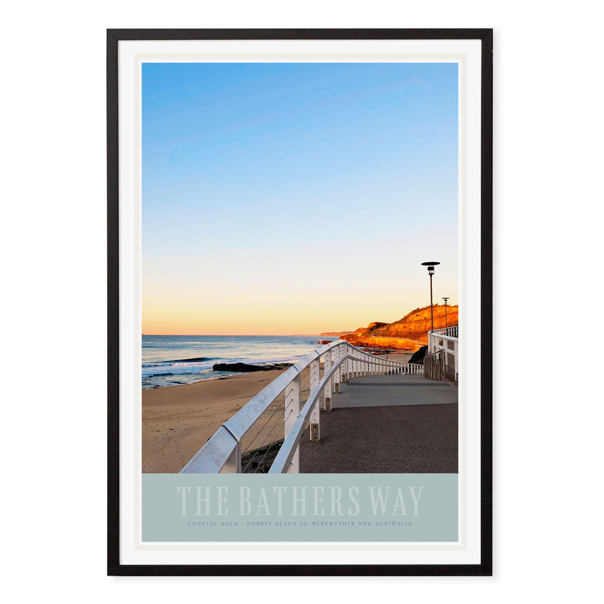 The Bathers Way Newcastle vintage retro poster print in black frame from Places We Luvpr