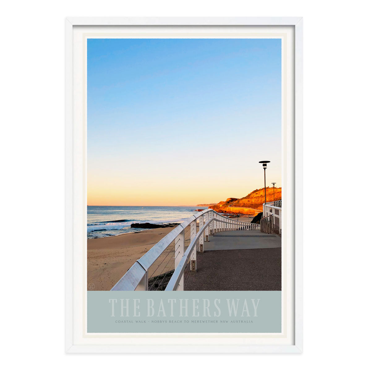 The Bathers Way Newcastle vintage retro poster print in white frame from Places We Luvpr