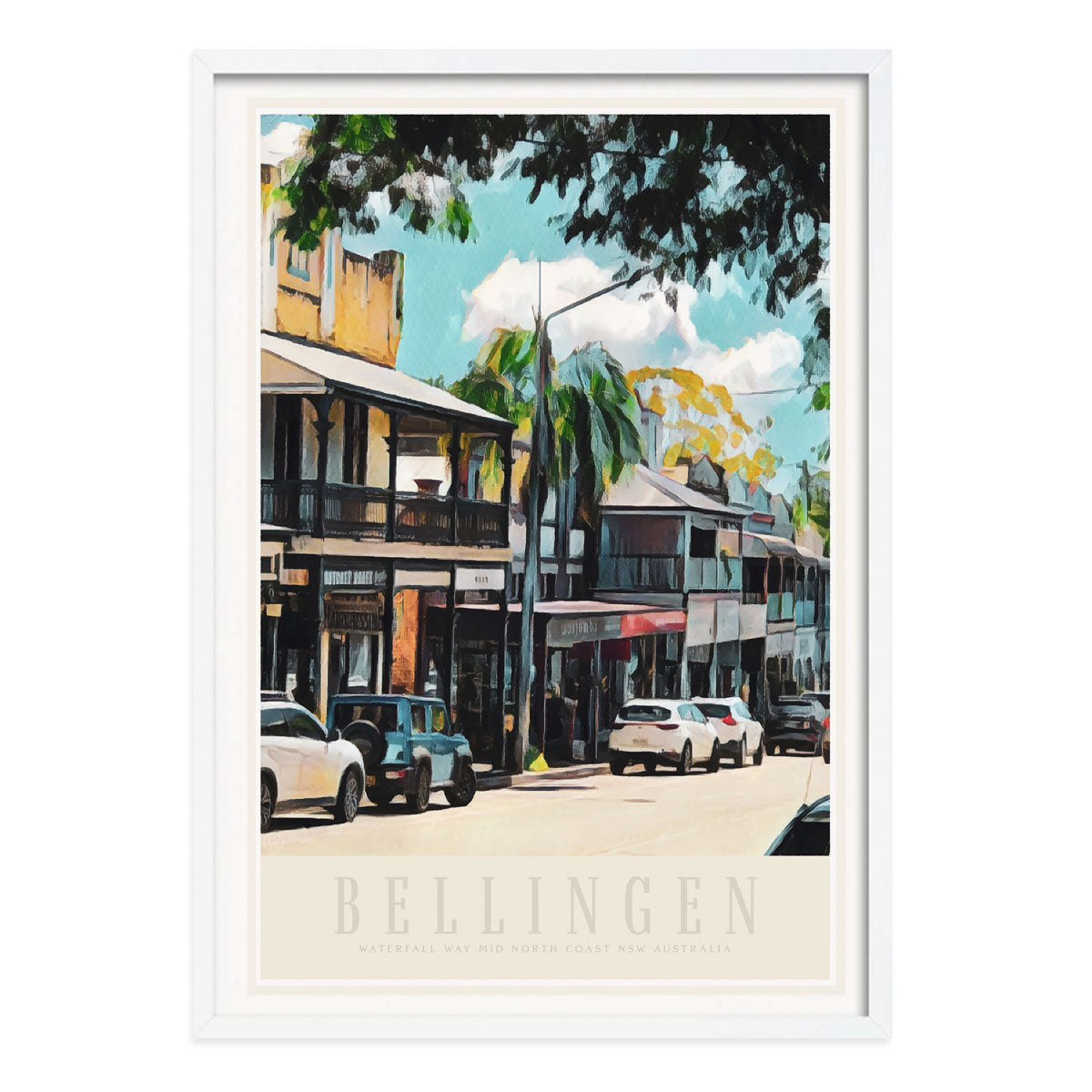 Bellingen vintage retro travel poster print in white frame from Places We Luv