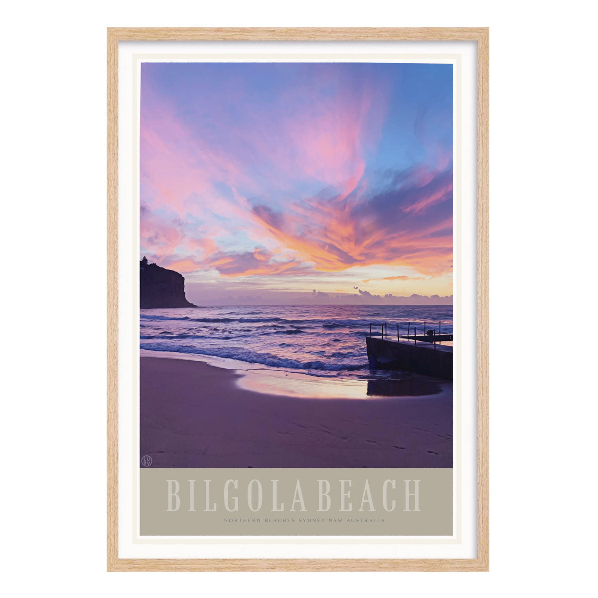 Bilgola Beach retro vintage travel poster print in oak frame from Places We Luv