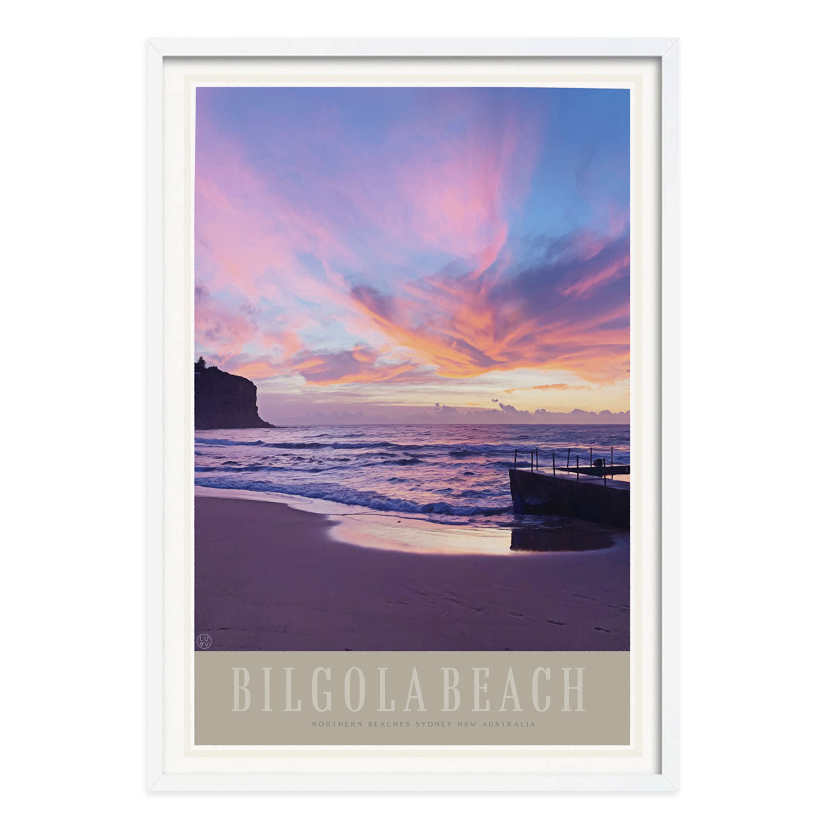 Bilgola Beach retro vintage travel poster print in white frame from Places We Luv