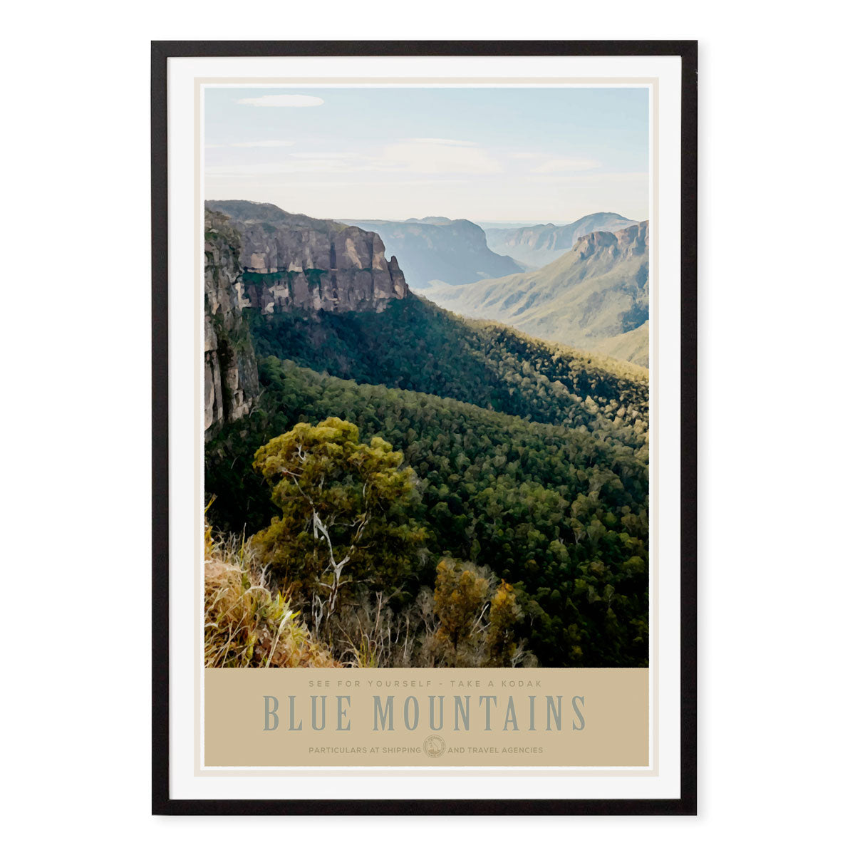 Blue Mountains vintage retro poster print in black frame by Places We Luv