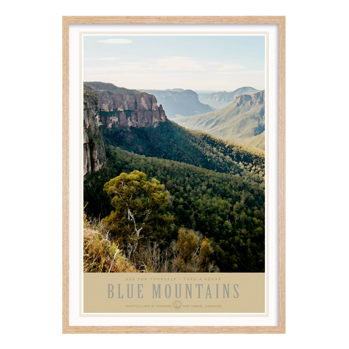 Blue Mountains retro vintage poster in oak frame from Places We Luv