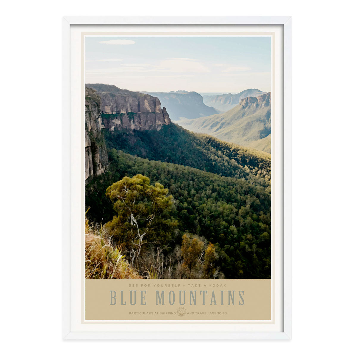 Blue Mountains retro vintage poster in white frame from Places We Luv