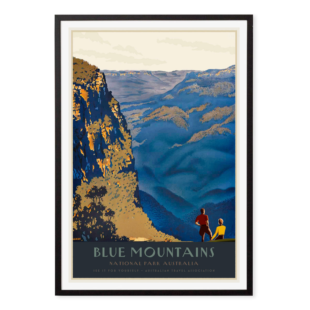 Blue Mountains National Park vintage retro poster print in black frame by Places We Luv