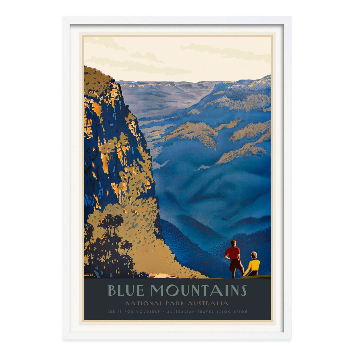 Blue Mountains National Park vintage retro poster print in white frame by Places We Luv