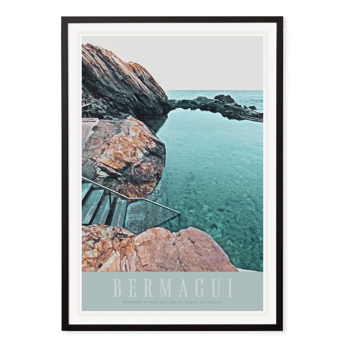 Bermagui NSW retro vintage poster in black frame by Places We Luv