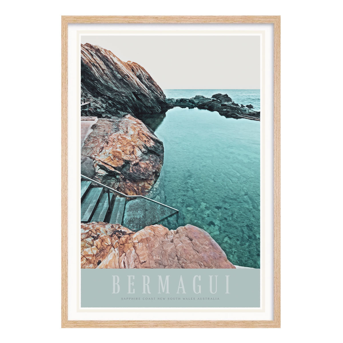 Bermagui NSW retro vintage poster in oak frame by Places We Luv