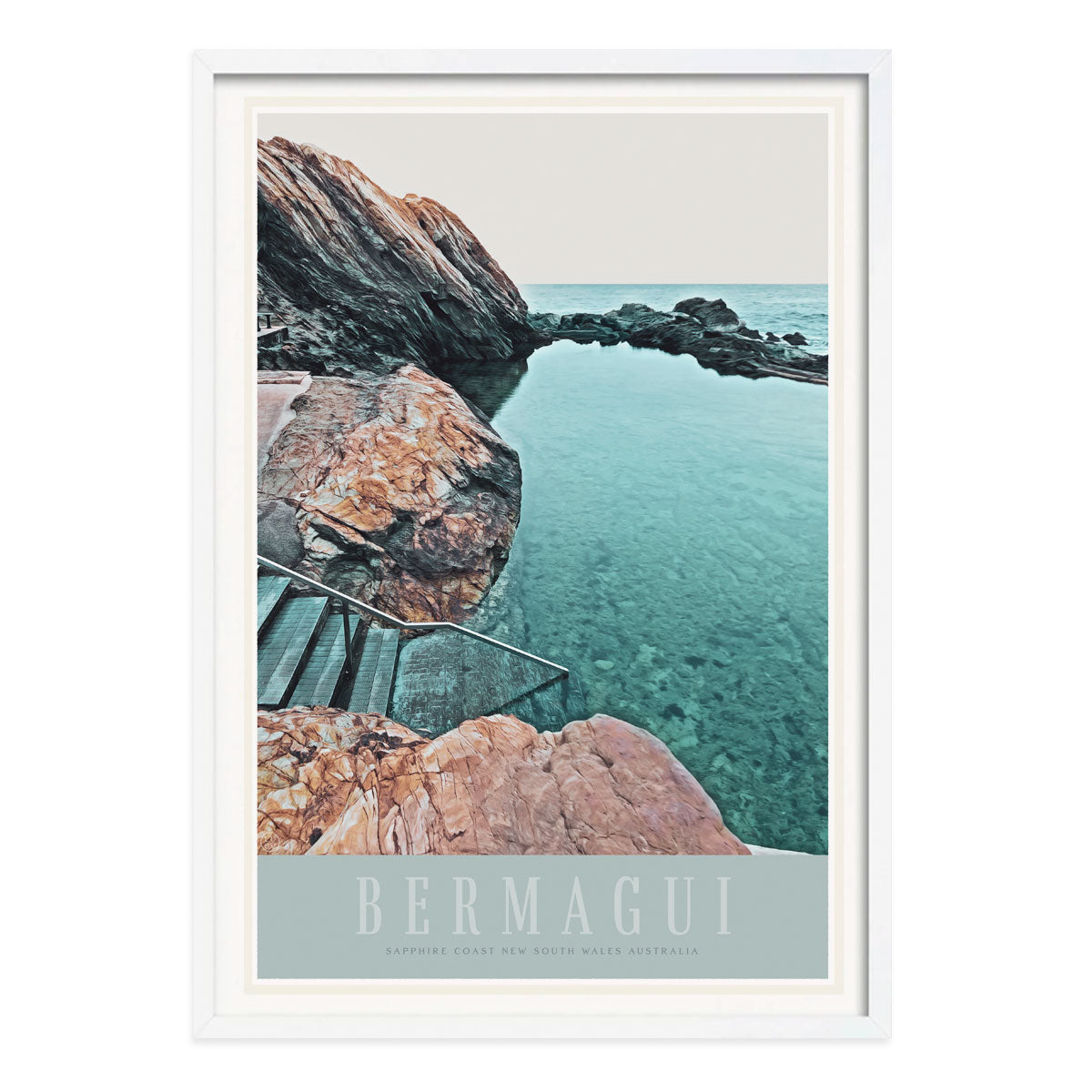 Bermagui NSW retro vintage poster print in white frame by Places We Luv