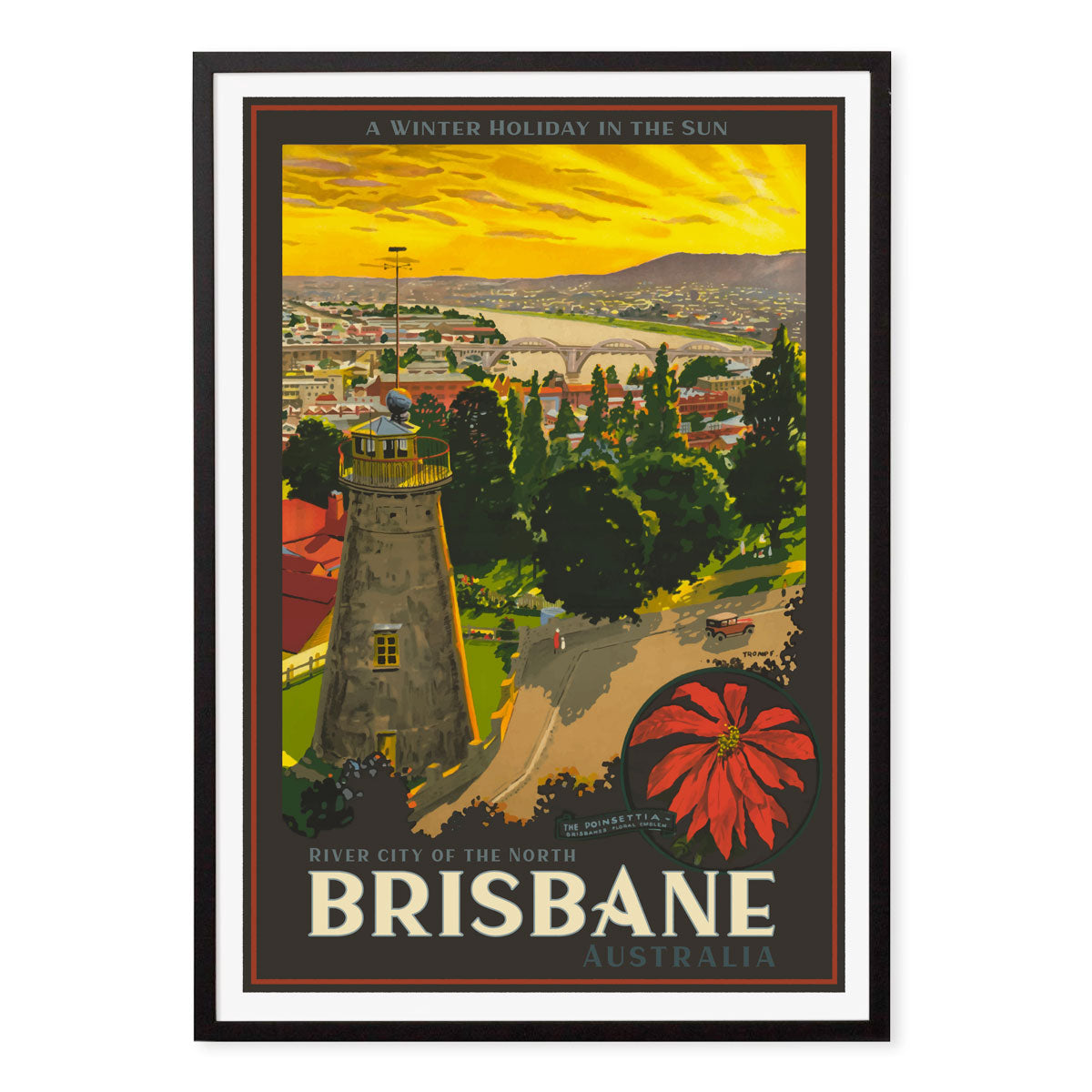 Brisbane vintage retro advertising poster print in black frame from Places We Luv