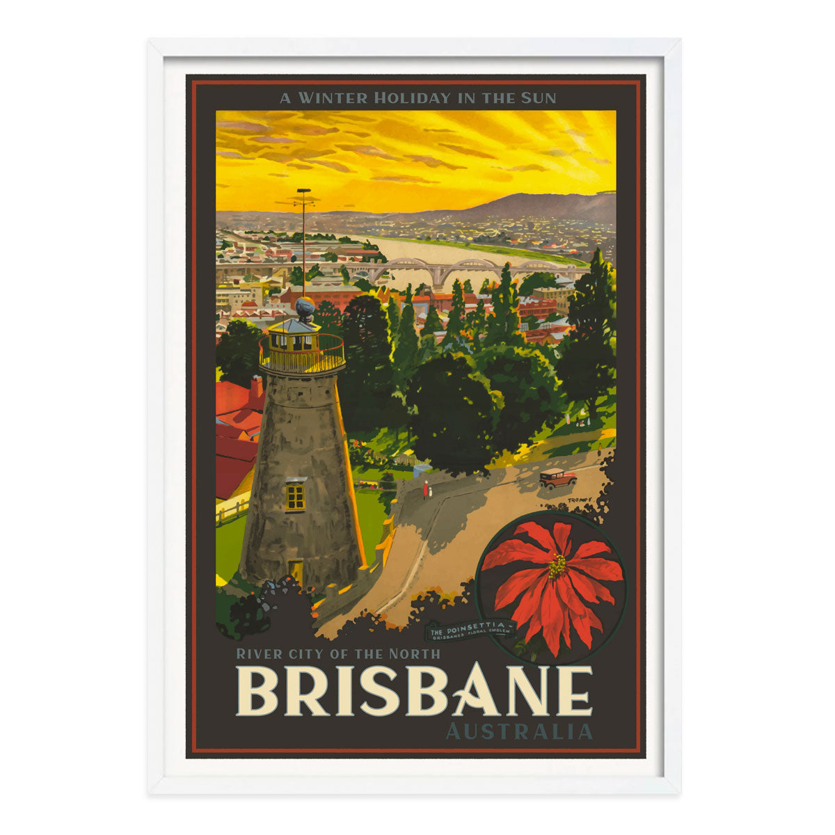 Brisbane vintage retro advertising poster print in white frame from Places We Luv