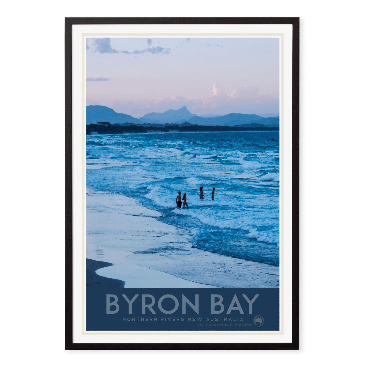 Byron Bay retro vintage travel poster in black frame by places we luv