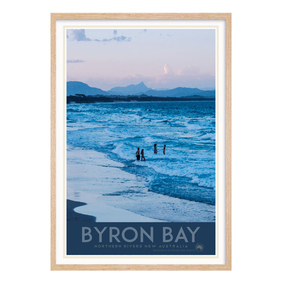 Byron Bay retro vintage travel poster in oak frame by places we luv