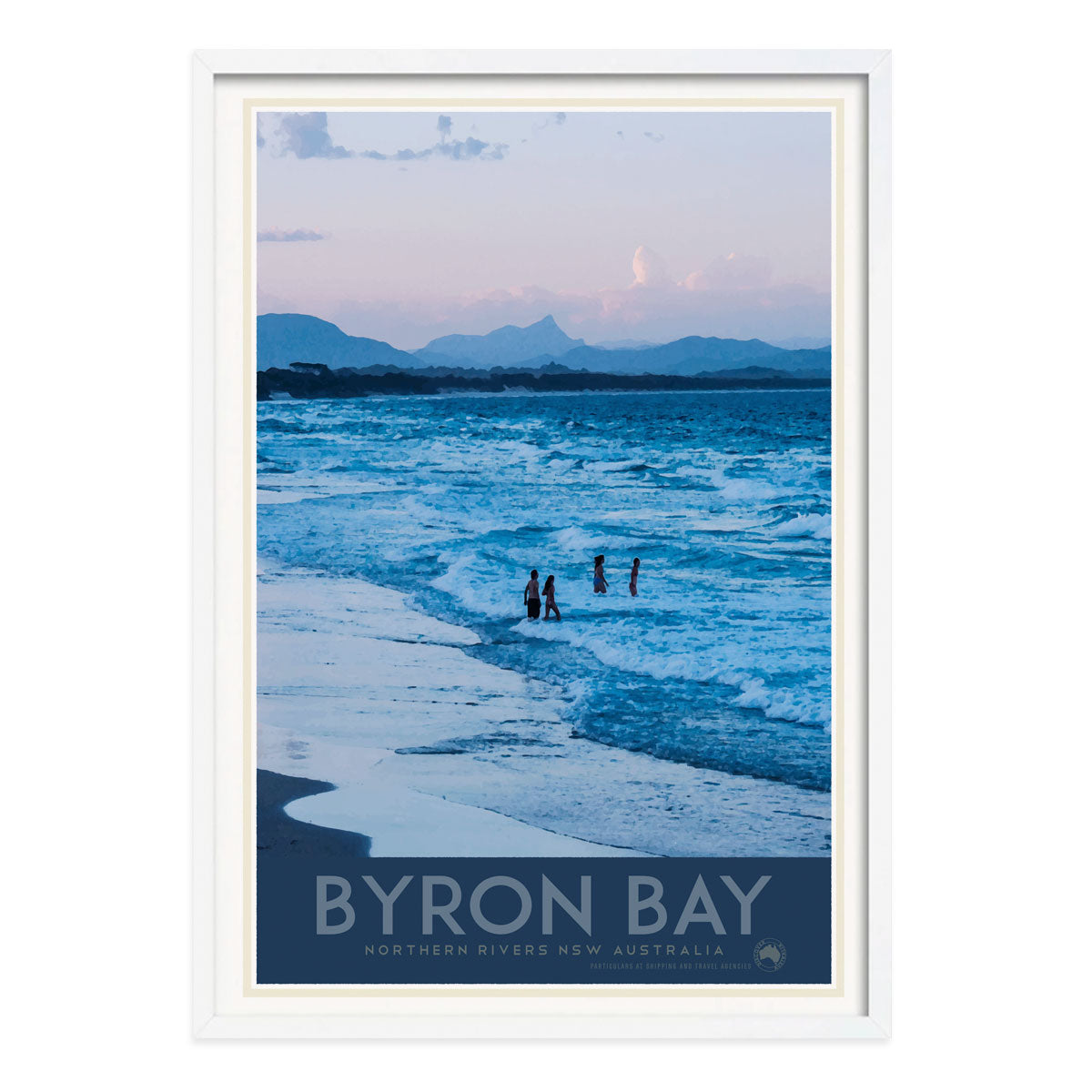 Byron Bay retro vintage travel poster in white frame by places we luv