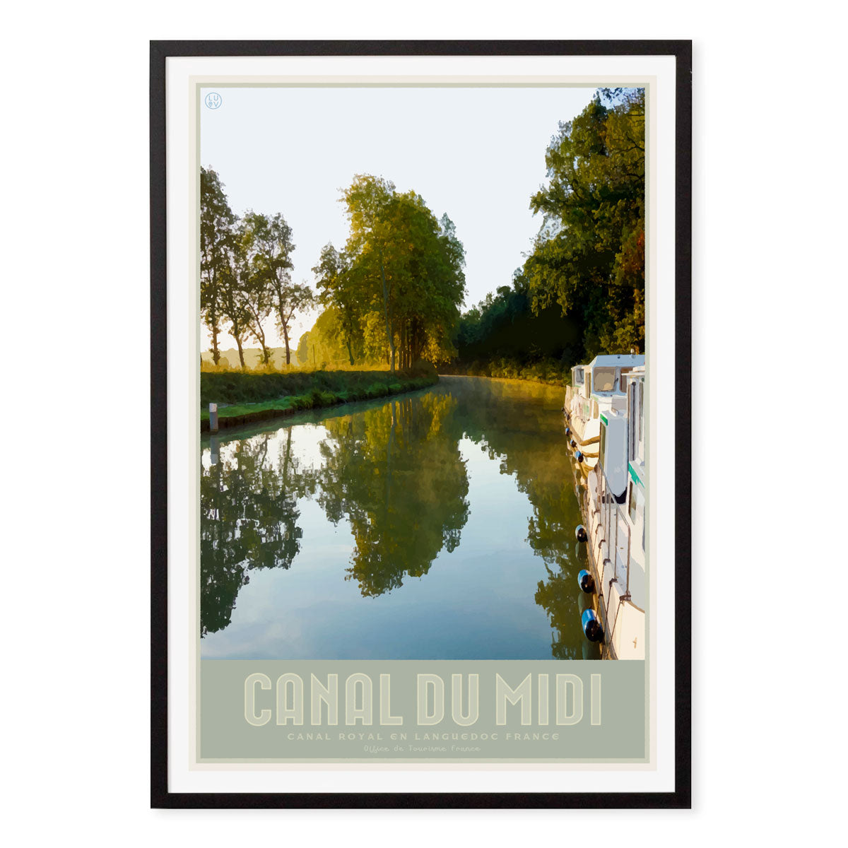 Canal du Midi Vintage Retro travel poster in black frame - designed by Places We Luv