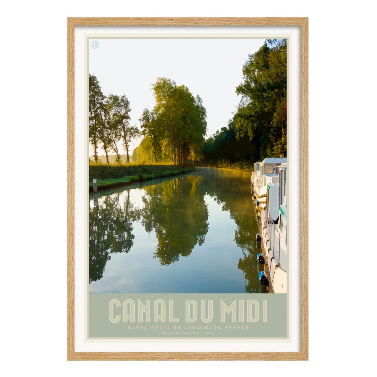 Canal du Midi Vintage Retro travel poster in oak frame - designed by Places We Luv