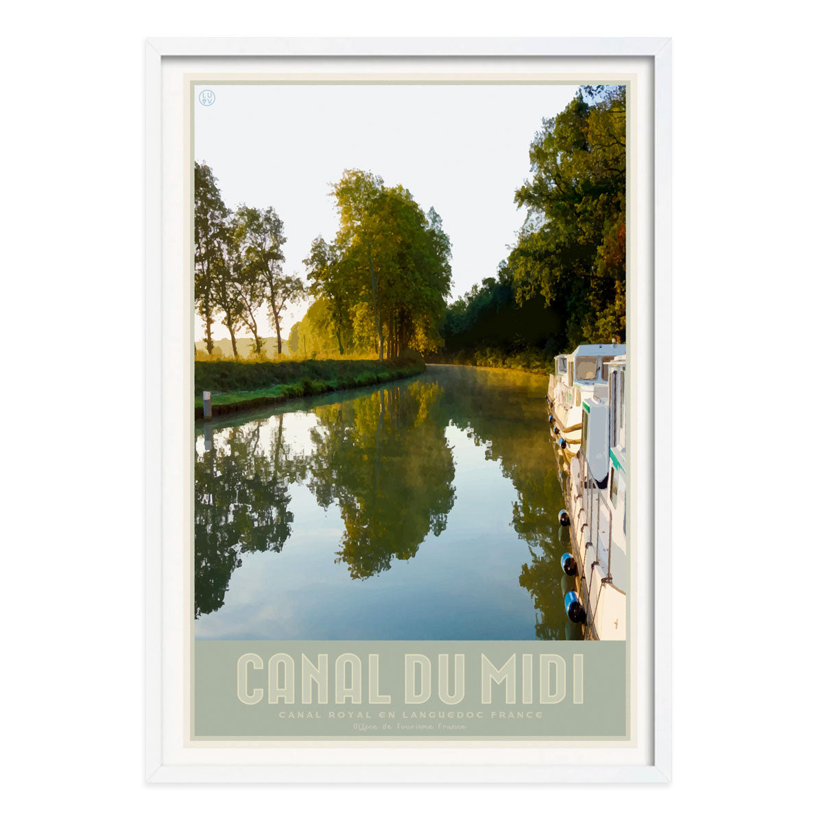 Canal du Midi Vintage Retro travel poster in white frame - designed by Places We Luv