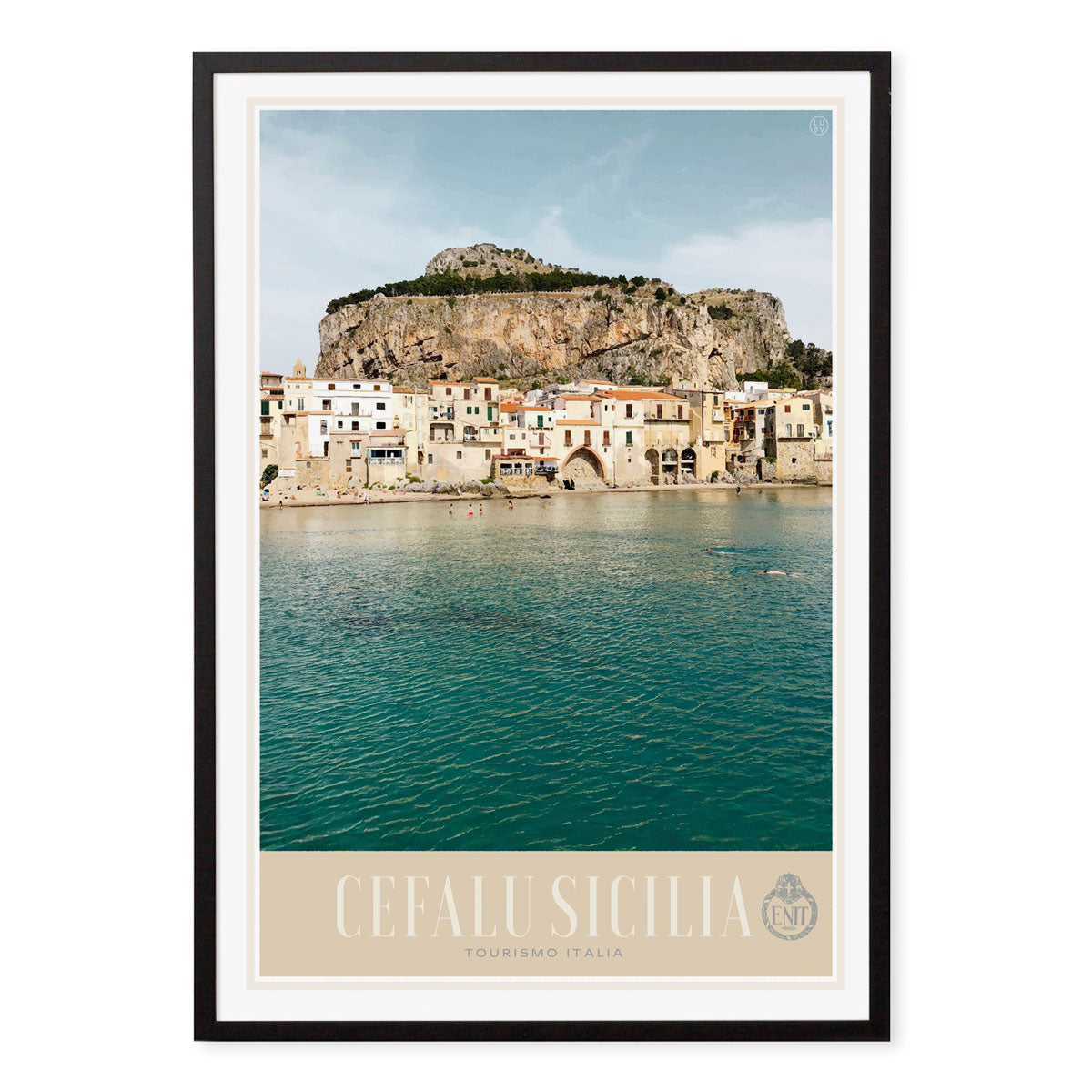 Cefalu Sicily retro vintage poster print in black frame from Places We Luv