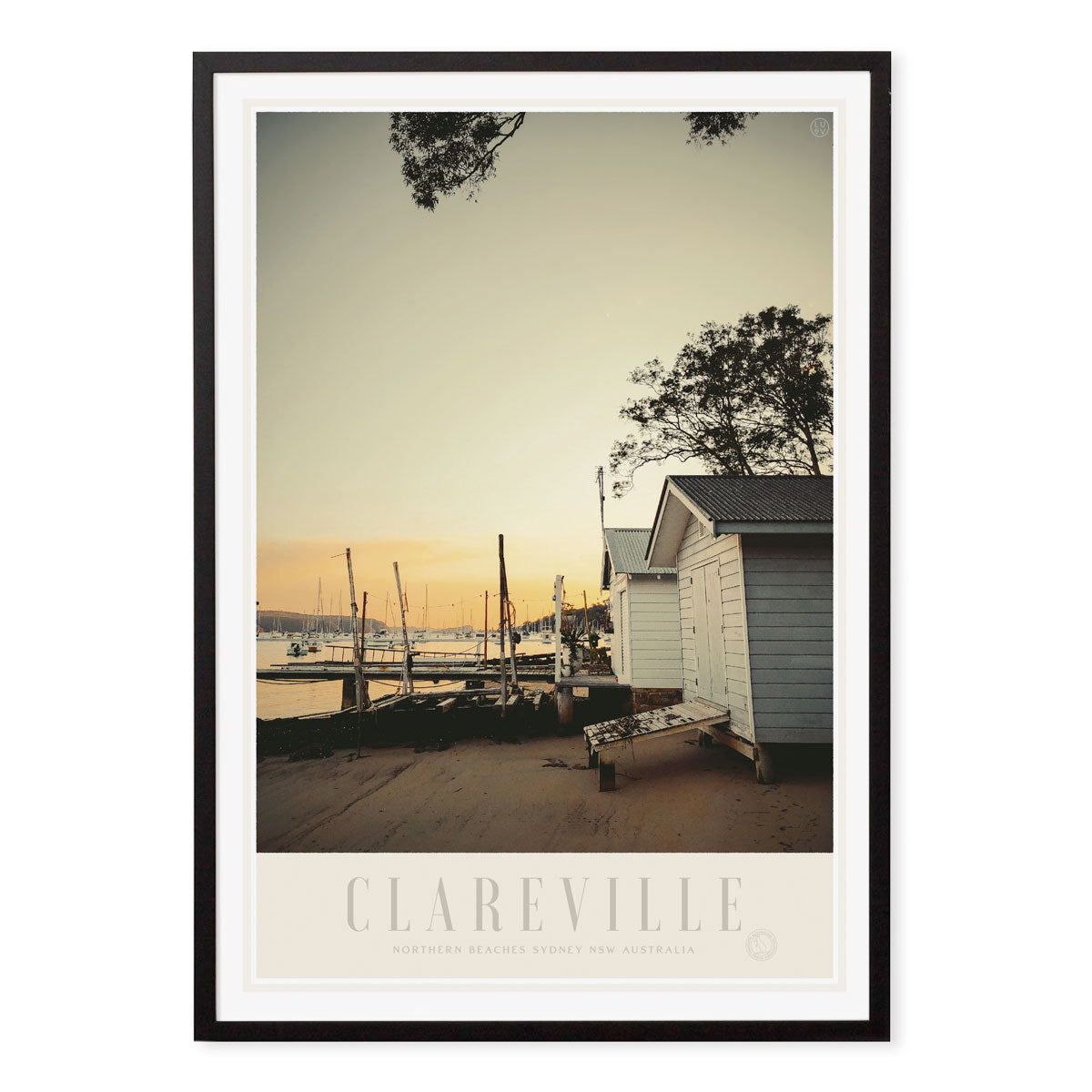 Clareville Pittwater Sydney, vintage retro poster print in black frame from Places We Luv