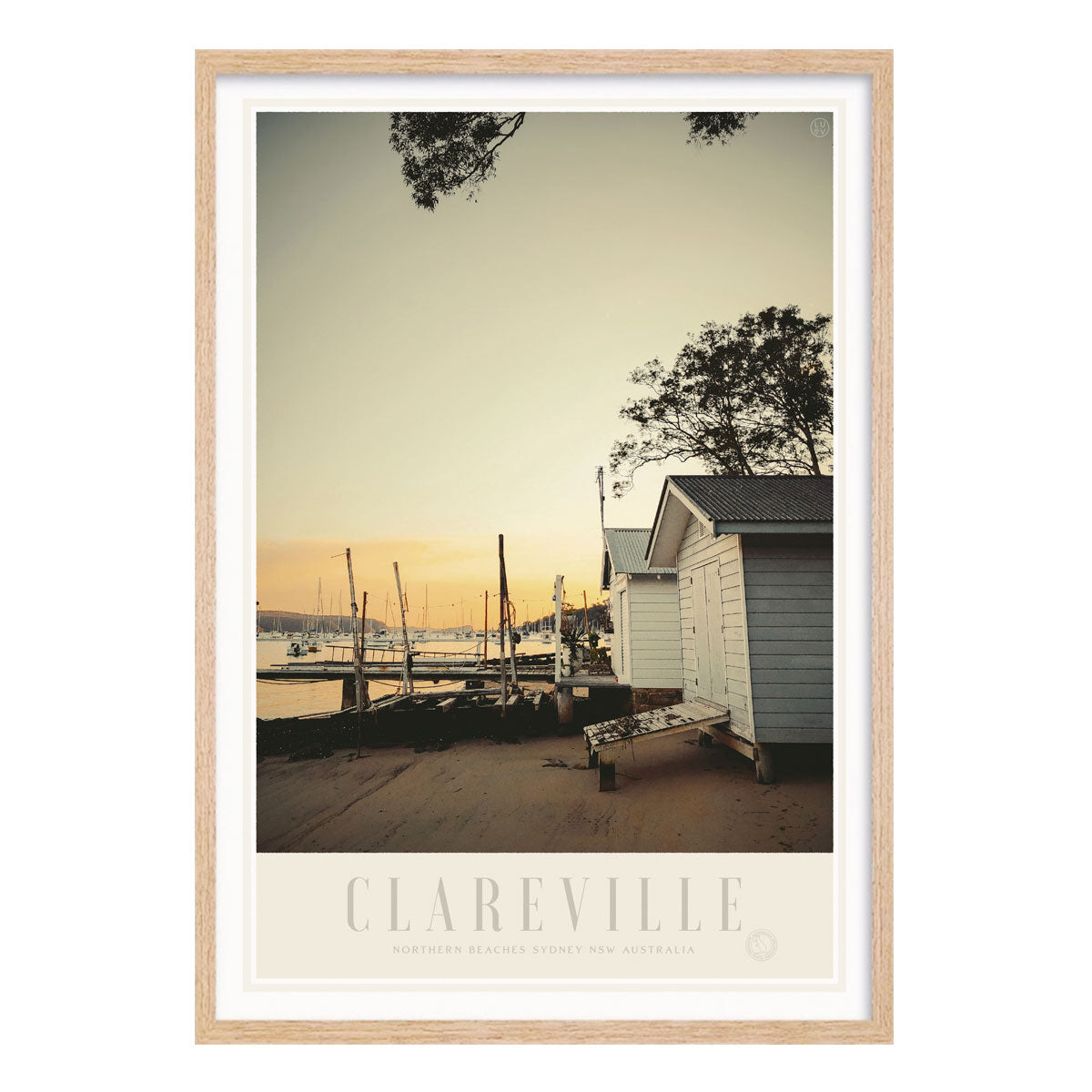 Clareville Pittwater Sydney, vintage retro poster print in oak frame from Places We Luv