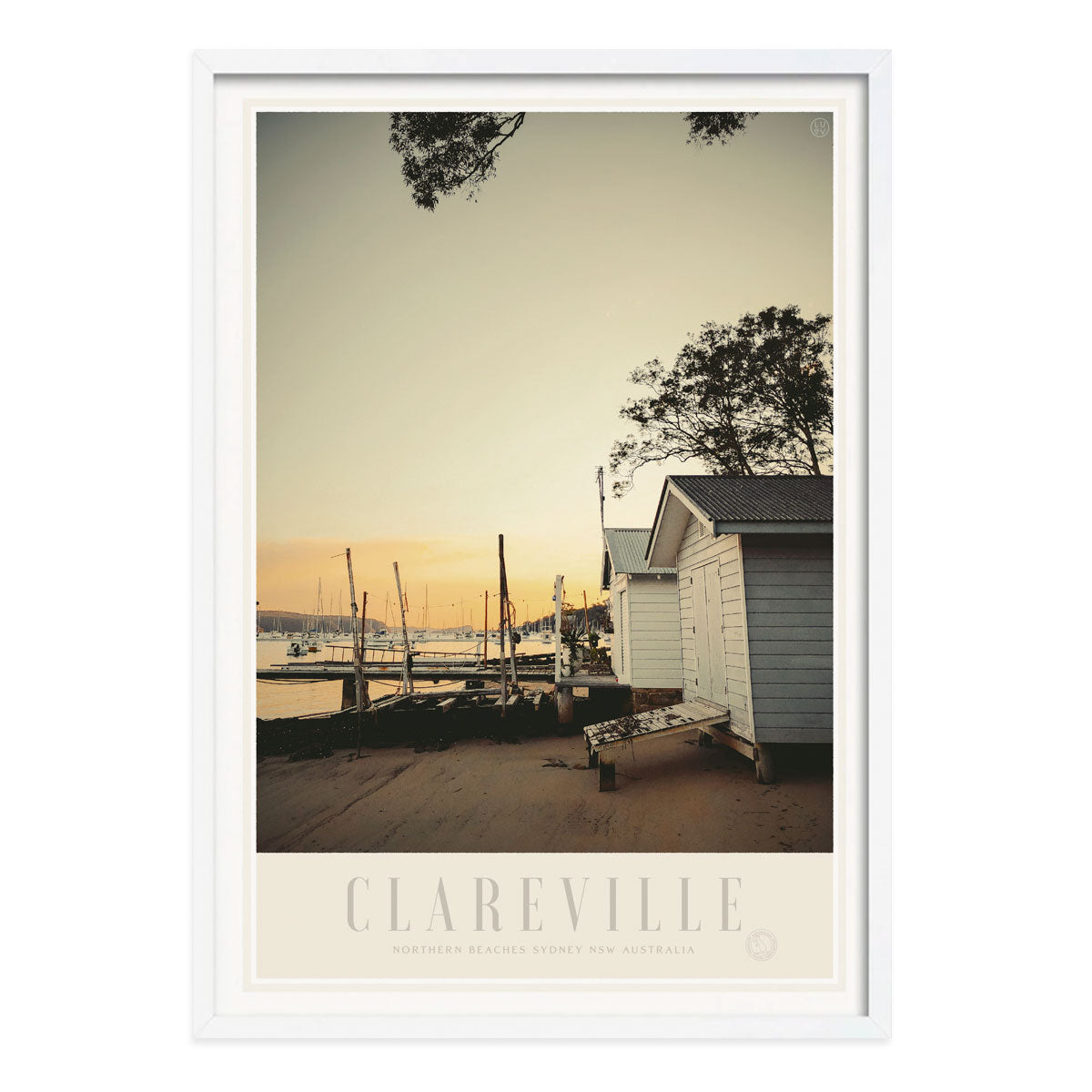 Clareville Pittwater Sydney, vintage retro poster print in white frame from Places We Luv
