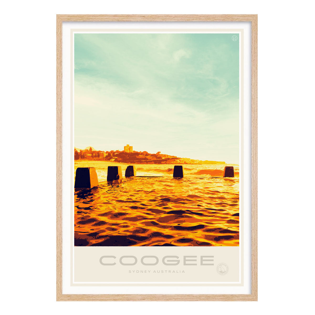 Coogee Pool Sydney vintage travel style poster print in oak frame by places we luv