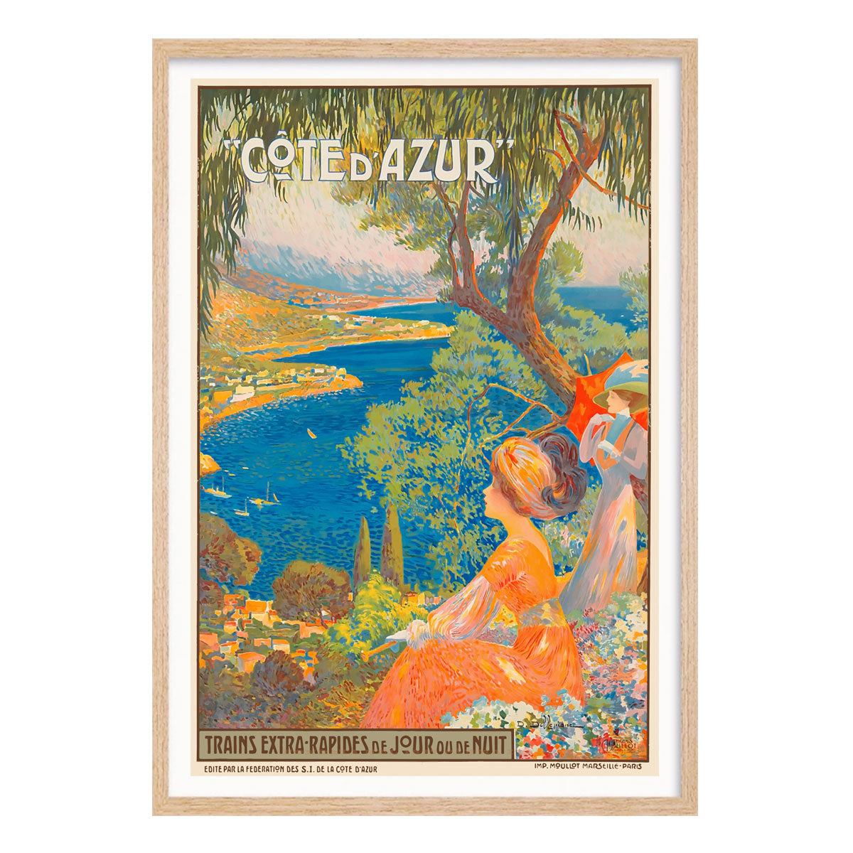 Cote d' Azure vintage retro travel advertising poster in oak frame from Places We Luv
