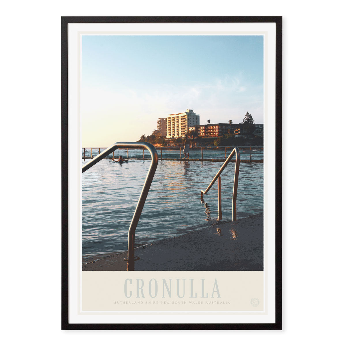 Cronulla Beach Pool vintage retro travel poster print in black frame by Places We Luv