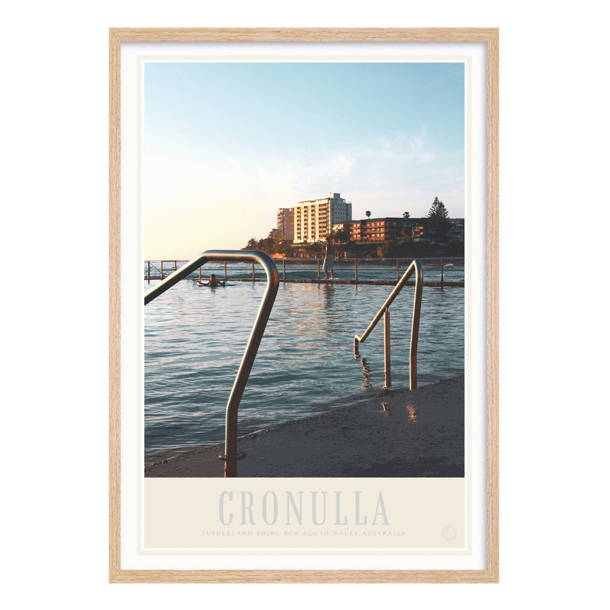 Cronulla Beach Pool vintage retro travel poster print in oak frame by Places We Luv