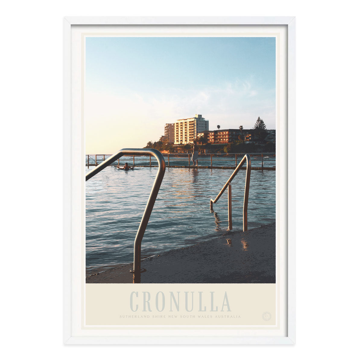 Cronulla Beach Pool vintage retro travel poster print in white frame by Places We Luv