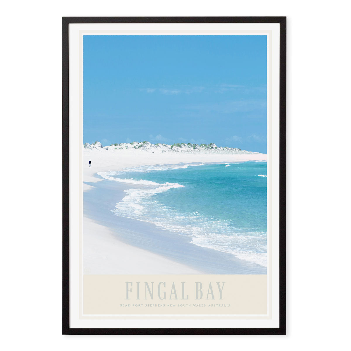 Fingal bay vintage retro poster print in black frame by places we luv