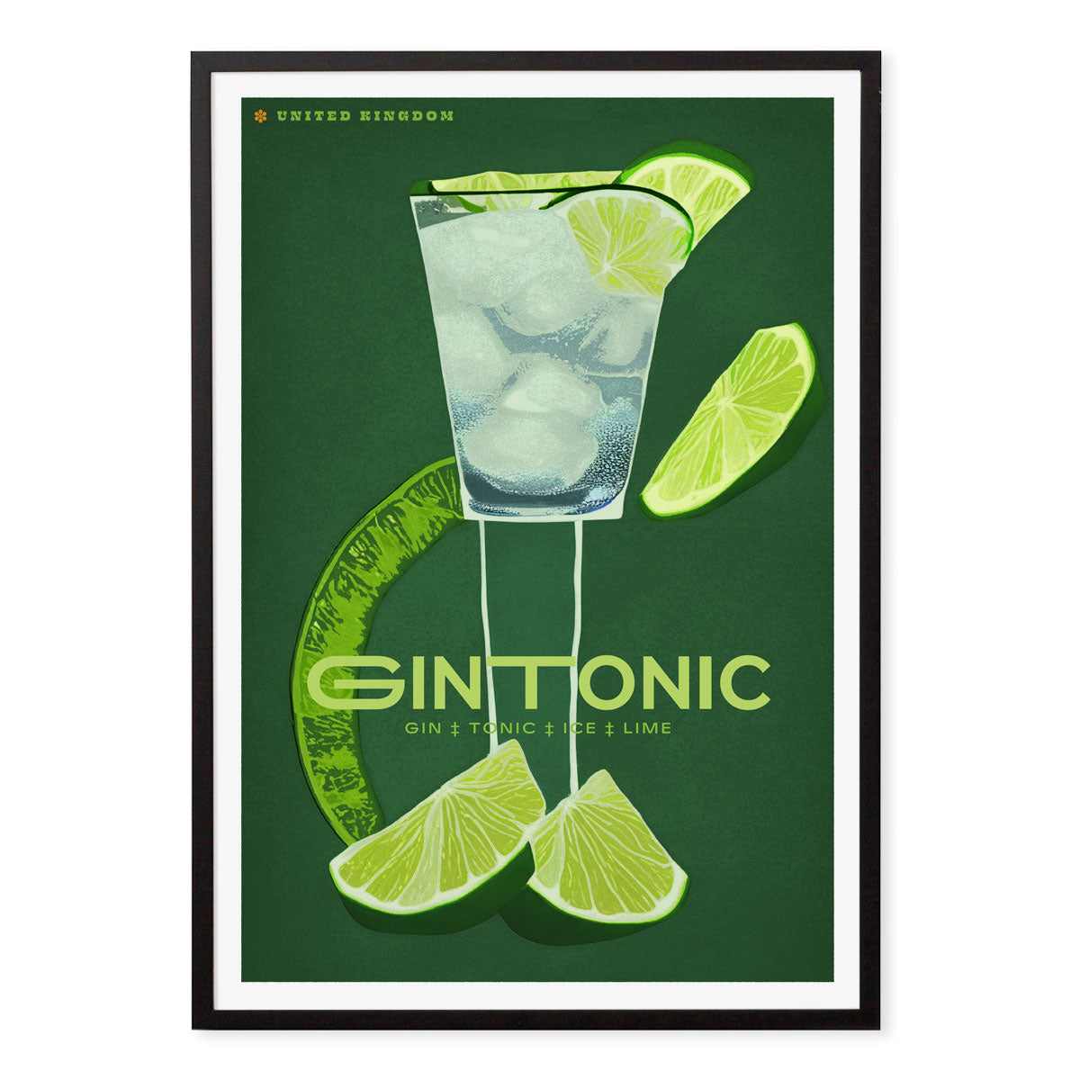 Gin Tonic United Kingdom retro vintage poster print in black frame from Places We Luv