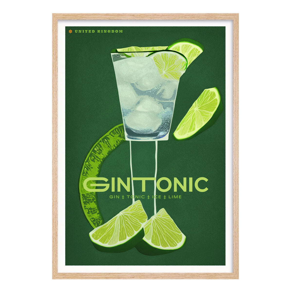 Gin Tonic United Kingdom retro vintage poster print in oak frame from Places We Luv