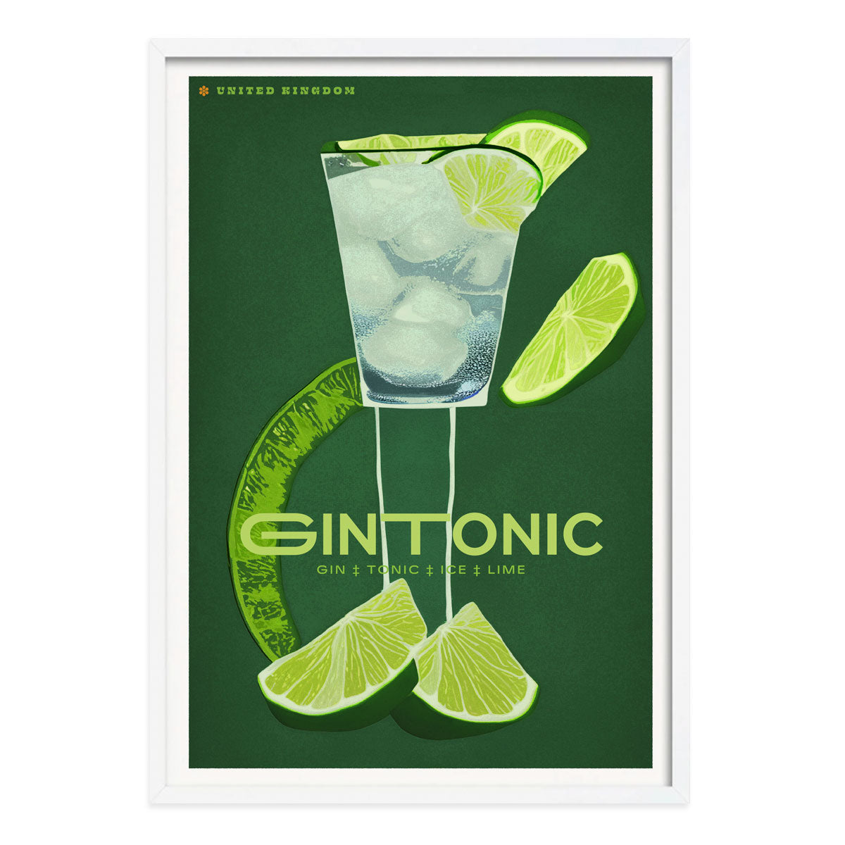 Gin Tonic United Kingdom retro vintage poster print in white frame from Places We Luv