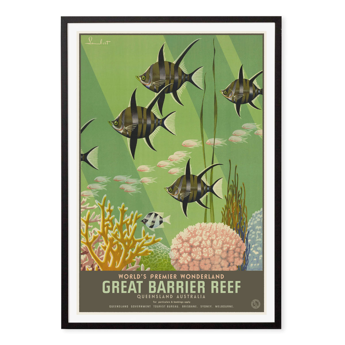 Great Barrier Reef vintage retro poster print in black frame from Places We Luv