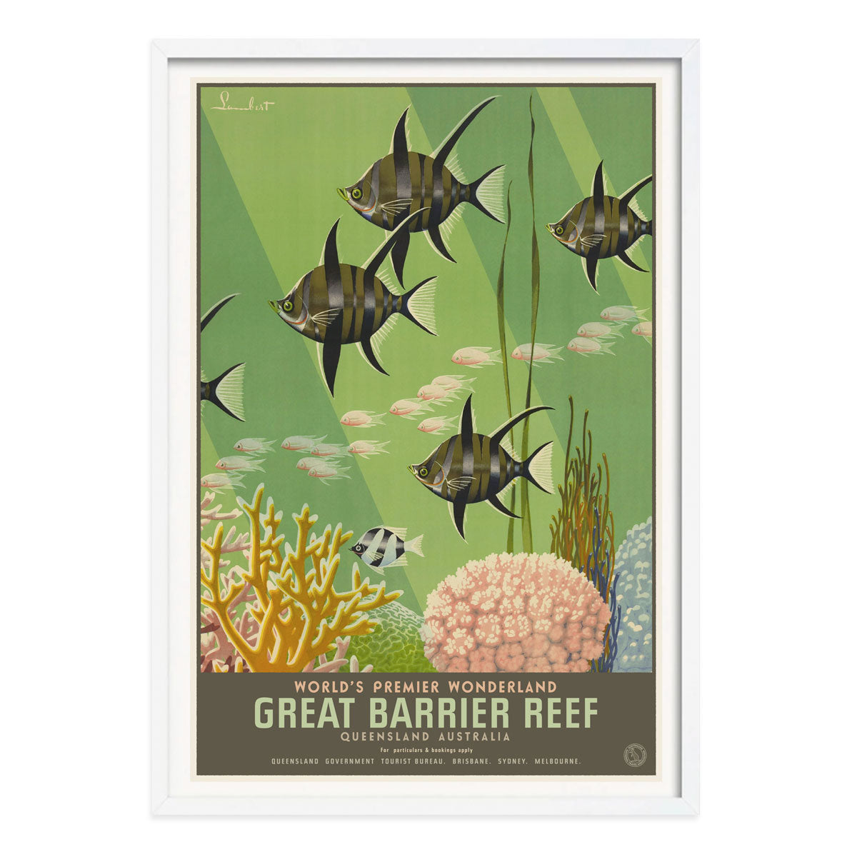 Great Barrier Reef vintage retro poster print in white frame from Places We Luv