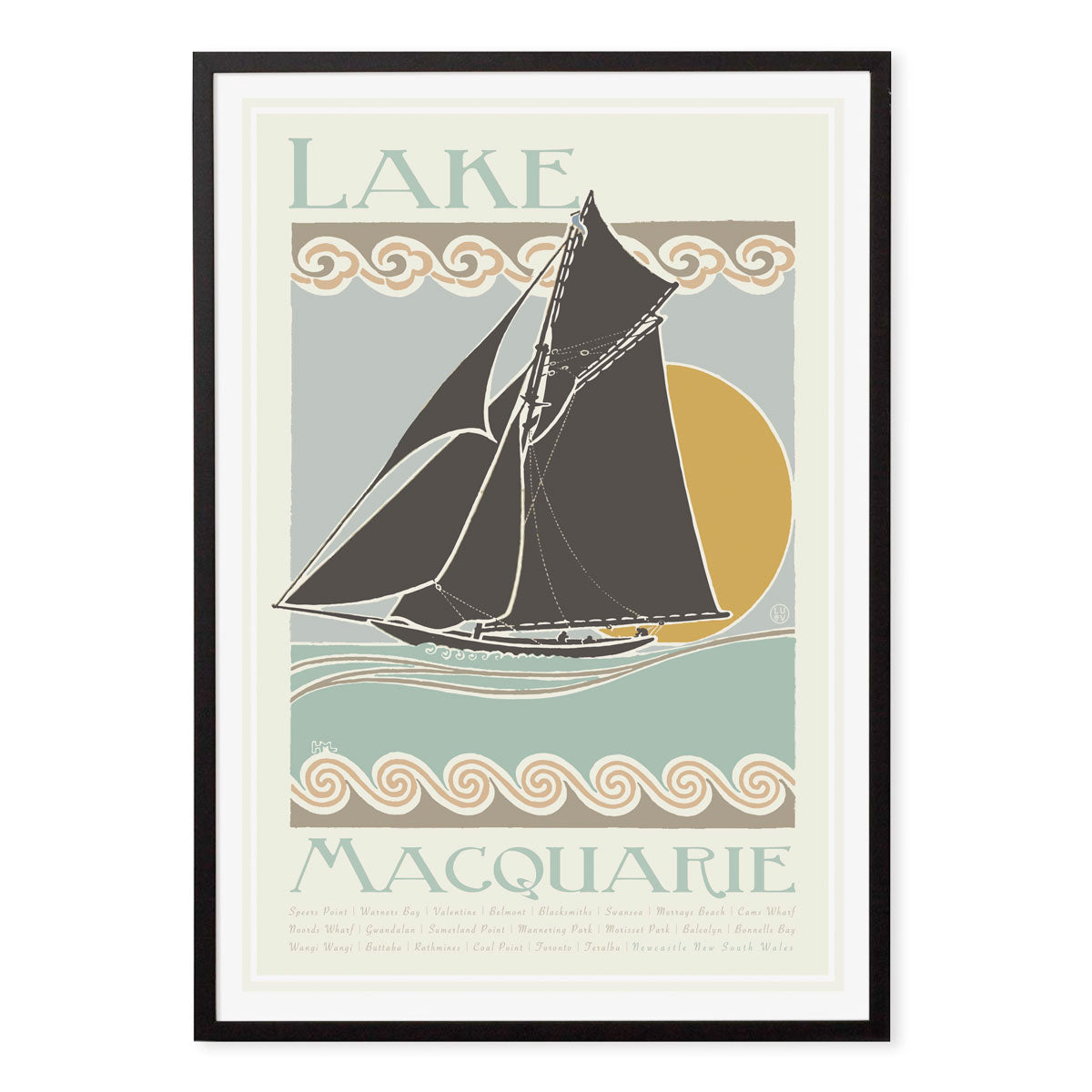 Lake Macquarie retro vintage poster in black frame from Places We Luv