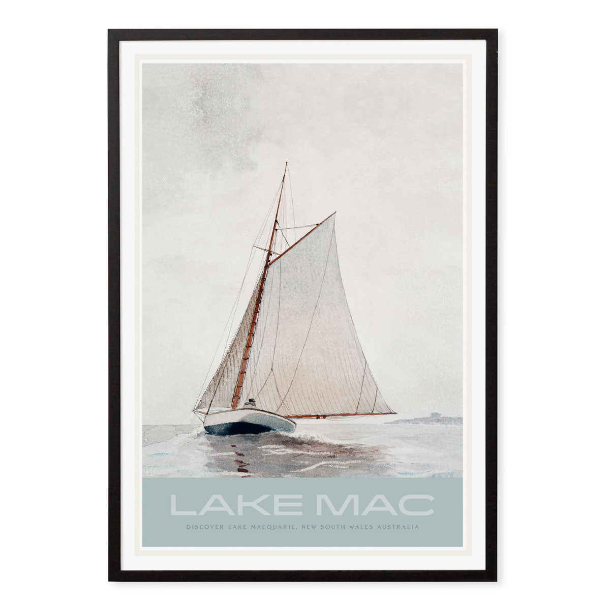 Lake Mac NSW retro vintage poster print in black frame by Places We Luv